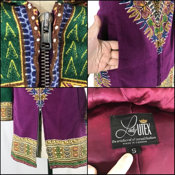 Vintage 70s Hippie Jacket Dashiki Print Purple Utex Hooded Coat - Picture 8 of 9